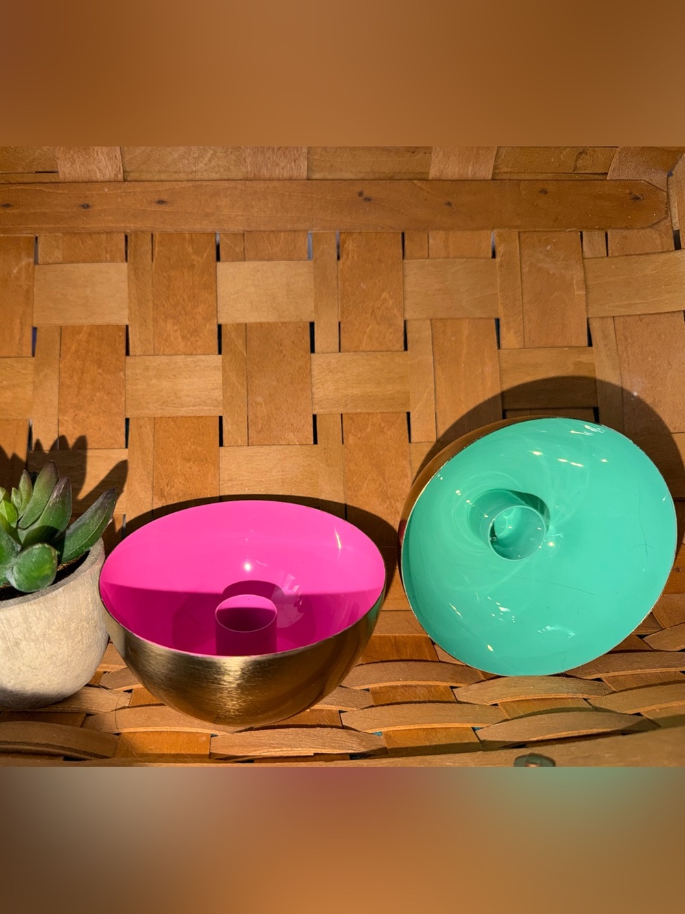 Two's Company metal bowl taper candle holder set.